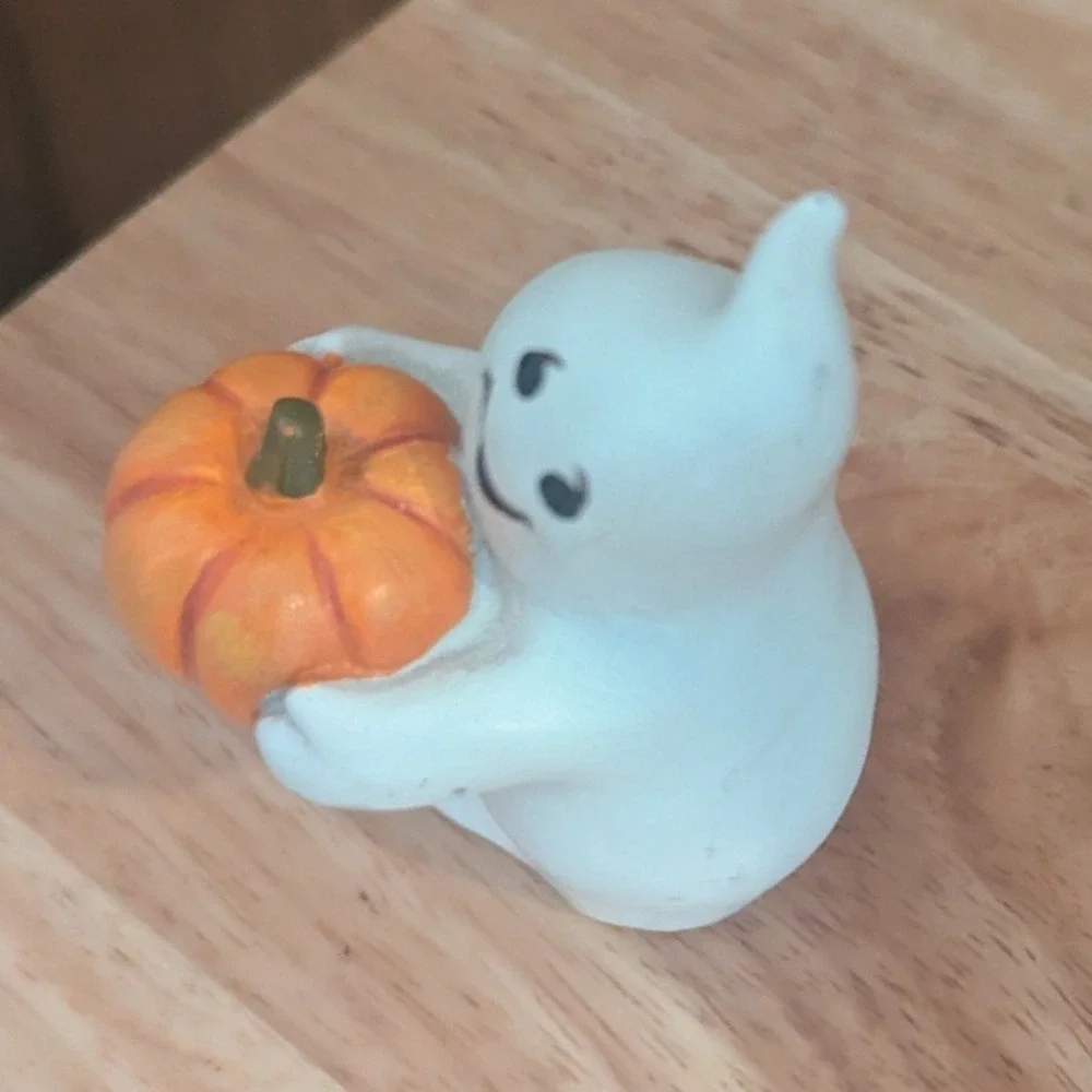 VTG Halloween Ghost Figurine w/ Pumpkin Small Spooky Seasonal Decor White Orange